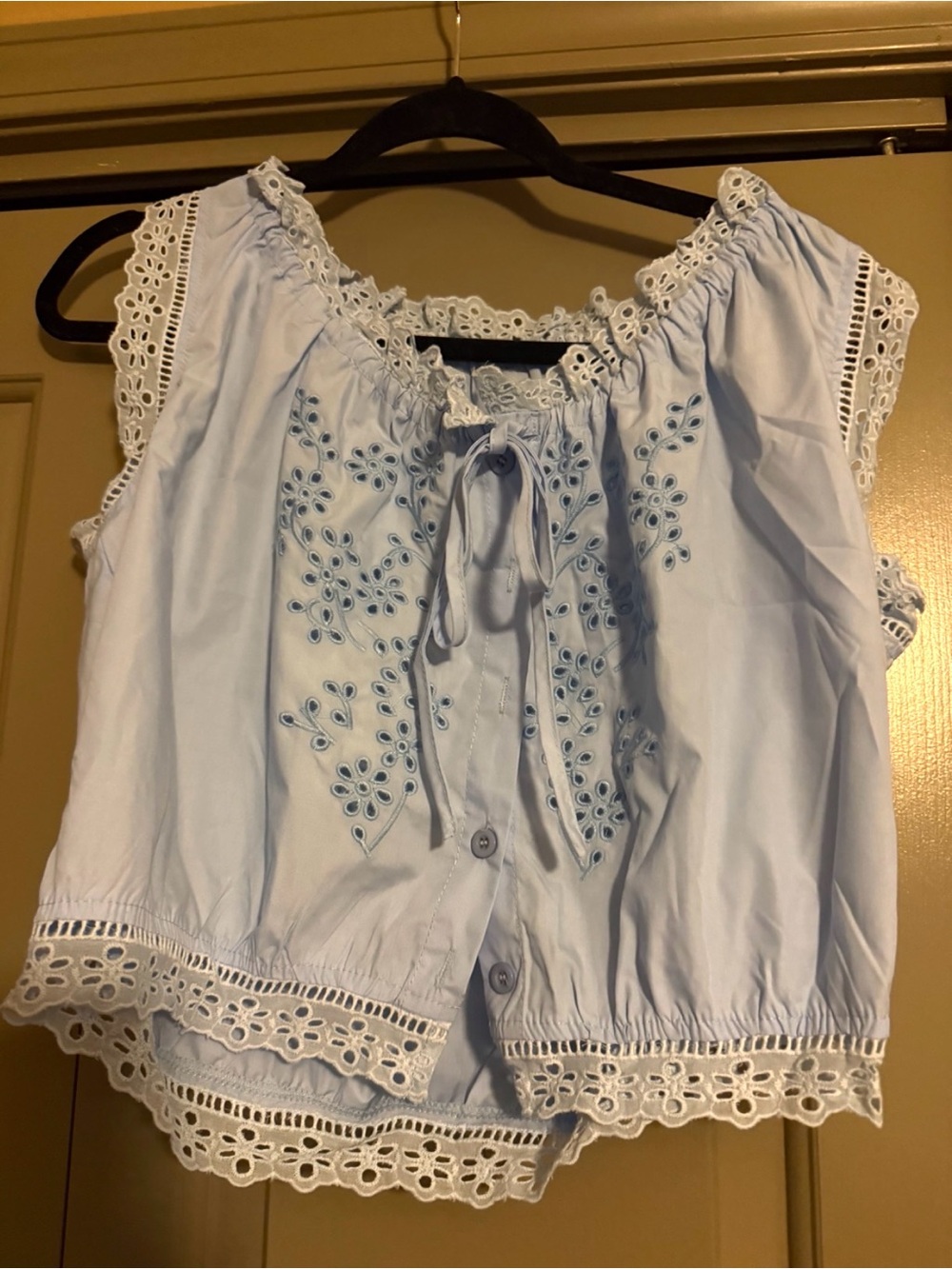 Light Blue Eyelet Peasant Top